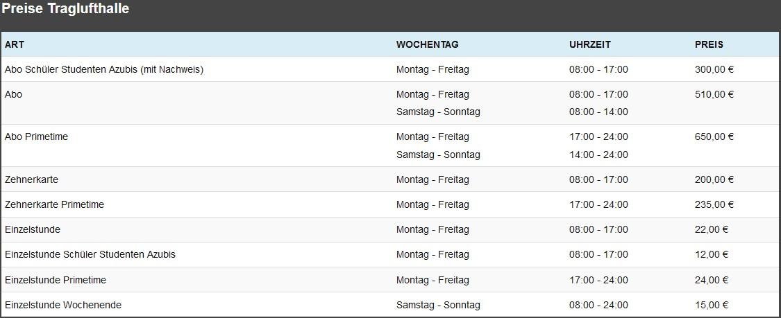 Preise Traglufthalle 2024